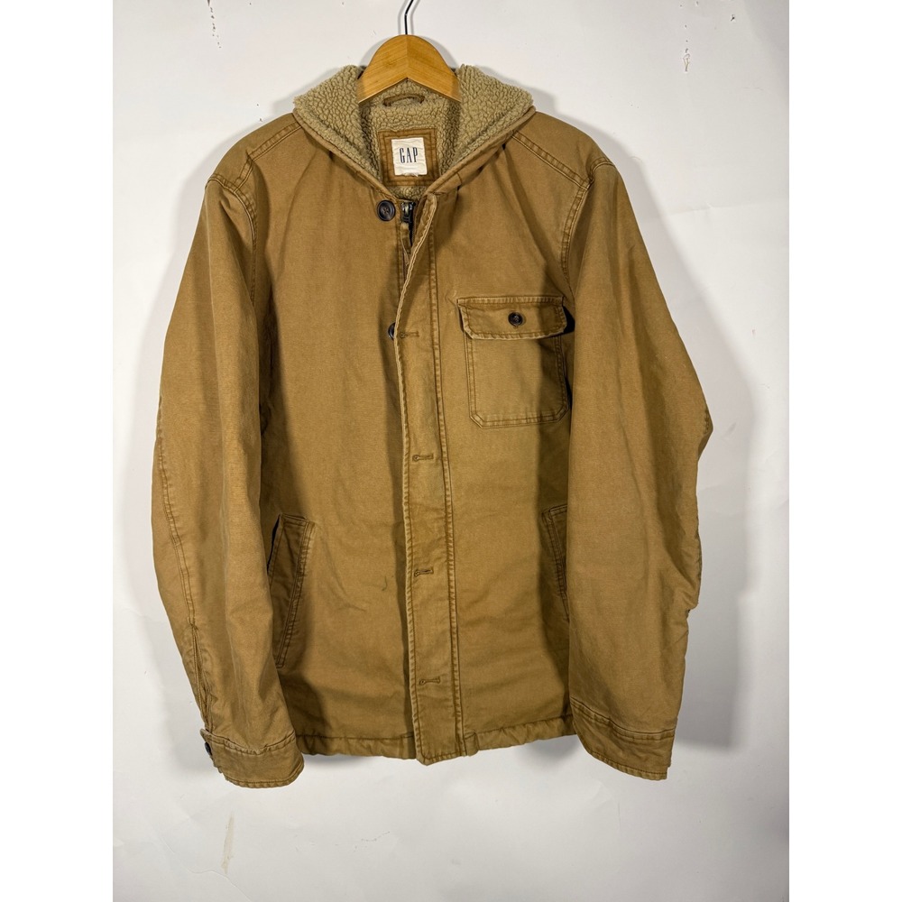 Gap Mens XL Sherpa Lined Hooded Canvas Workwear Jacket Tan Brown Full Zip